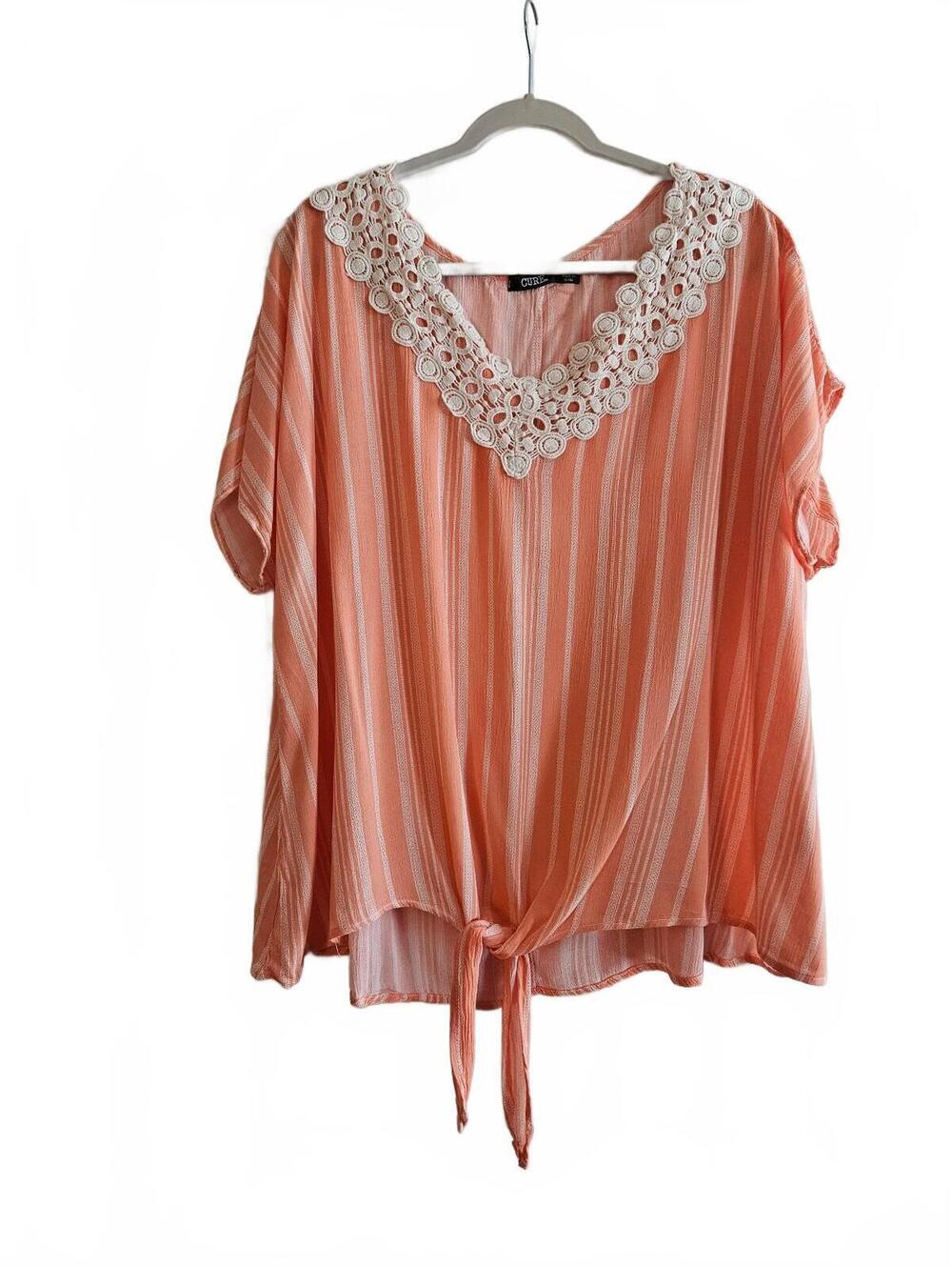 CURE. Peach Striped Boho Lace V-NeckTie Front Blouse Women's Size 2X Cottagecore